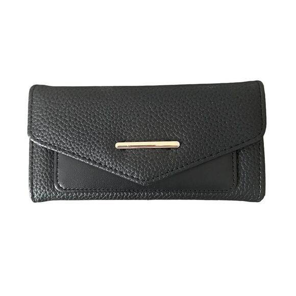 Faux-Leather Black Wallet Snap Closure Minimalist Classic Timeless Everyday - Picture 1 of 6